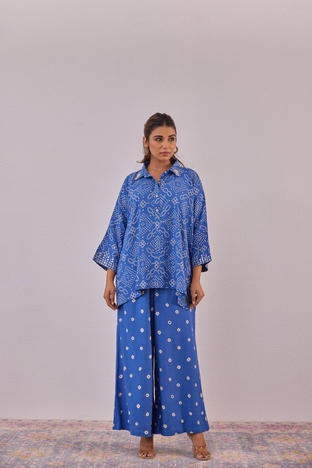 Blue Embroidered Bandhej Printed Coord Set With Palazzo Pant - Tara - C - Tara