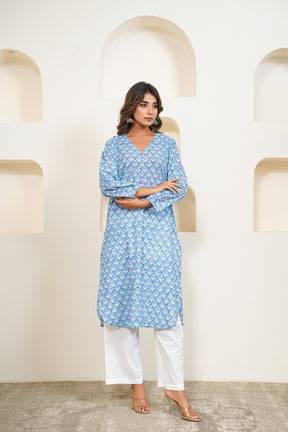 Blue Floral Buti Hand Block Floral Printed Long Kurta - Tara - C - Tara