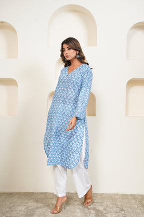 Blue Floral Buti Hand Block Floral Printed Long Kurta - Tara - C - Tara