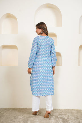 Blue Floral Buti Hand Block Floral Printed Long Kurta - Tara - C - Tara