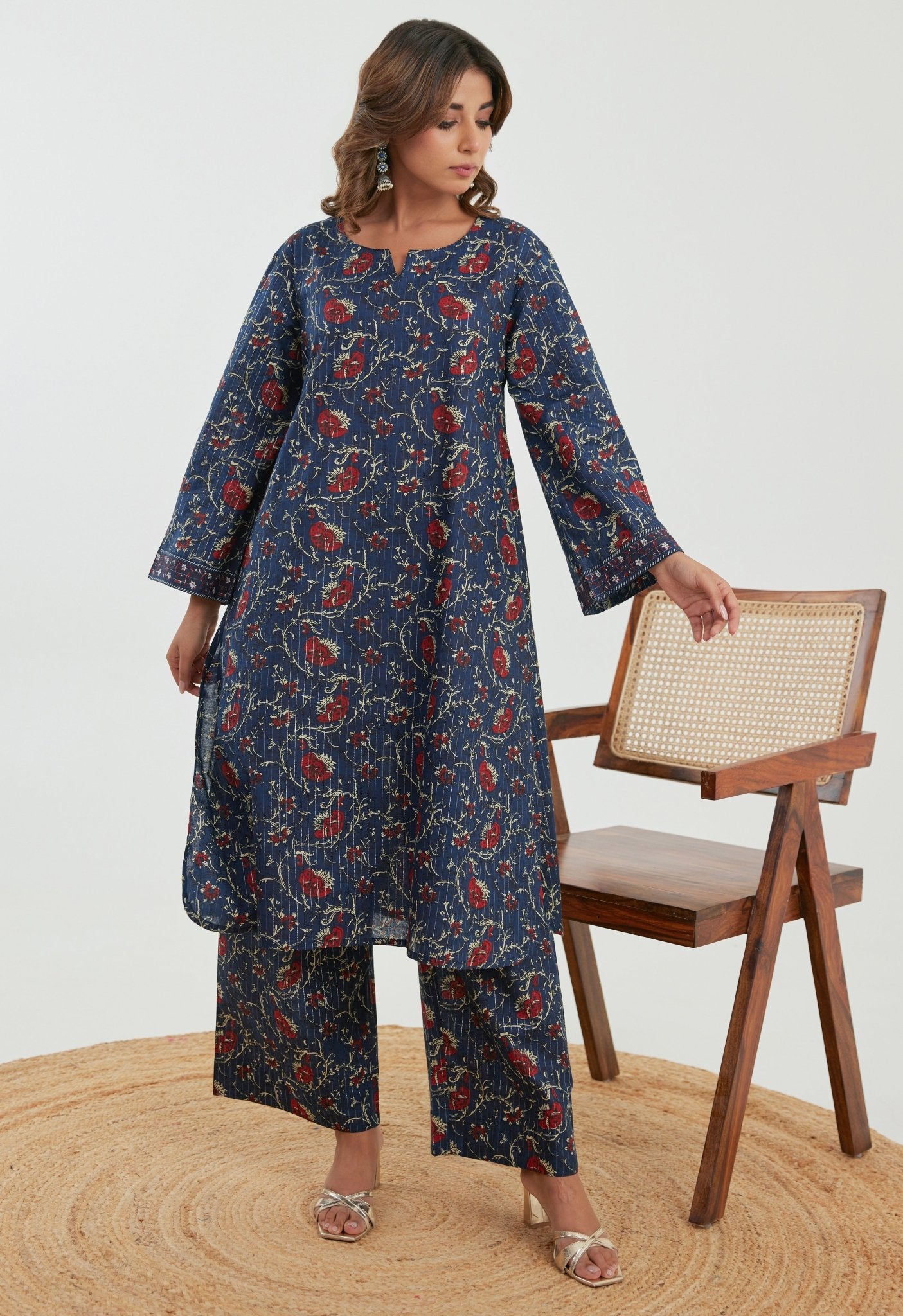 Blue Floral Cotton Lurex Co - ord Set - Tara - C - Tara