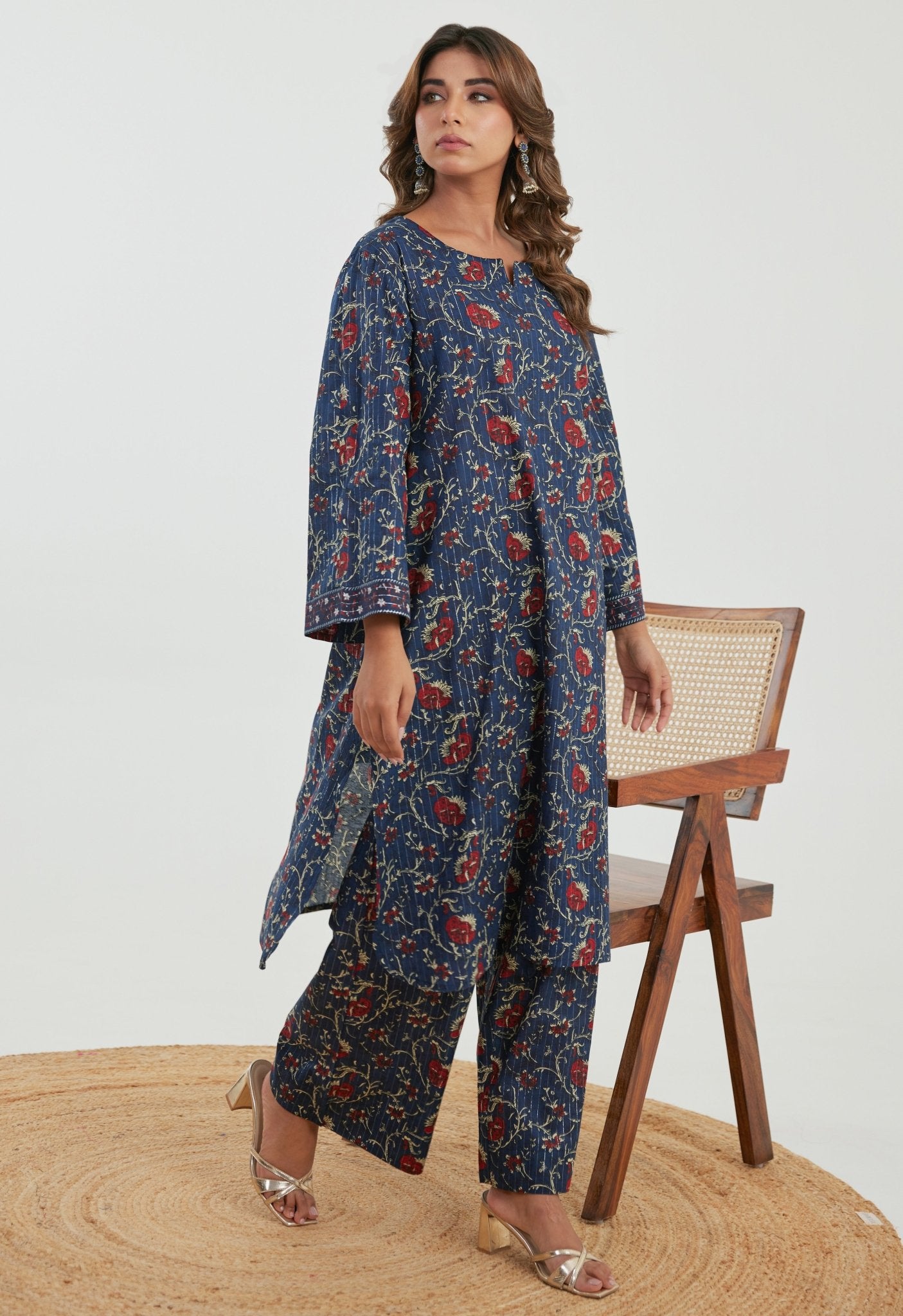 Blue Floral Cotton Lurex Co - ord Set - Tara - C - Tara