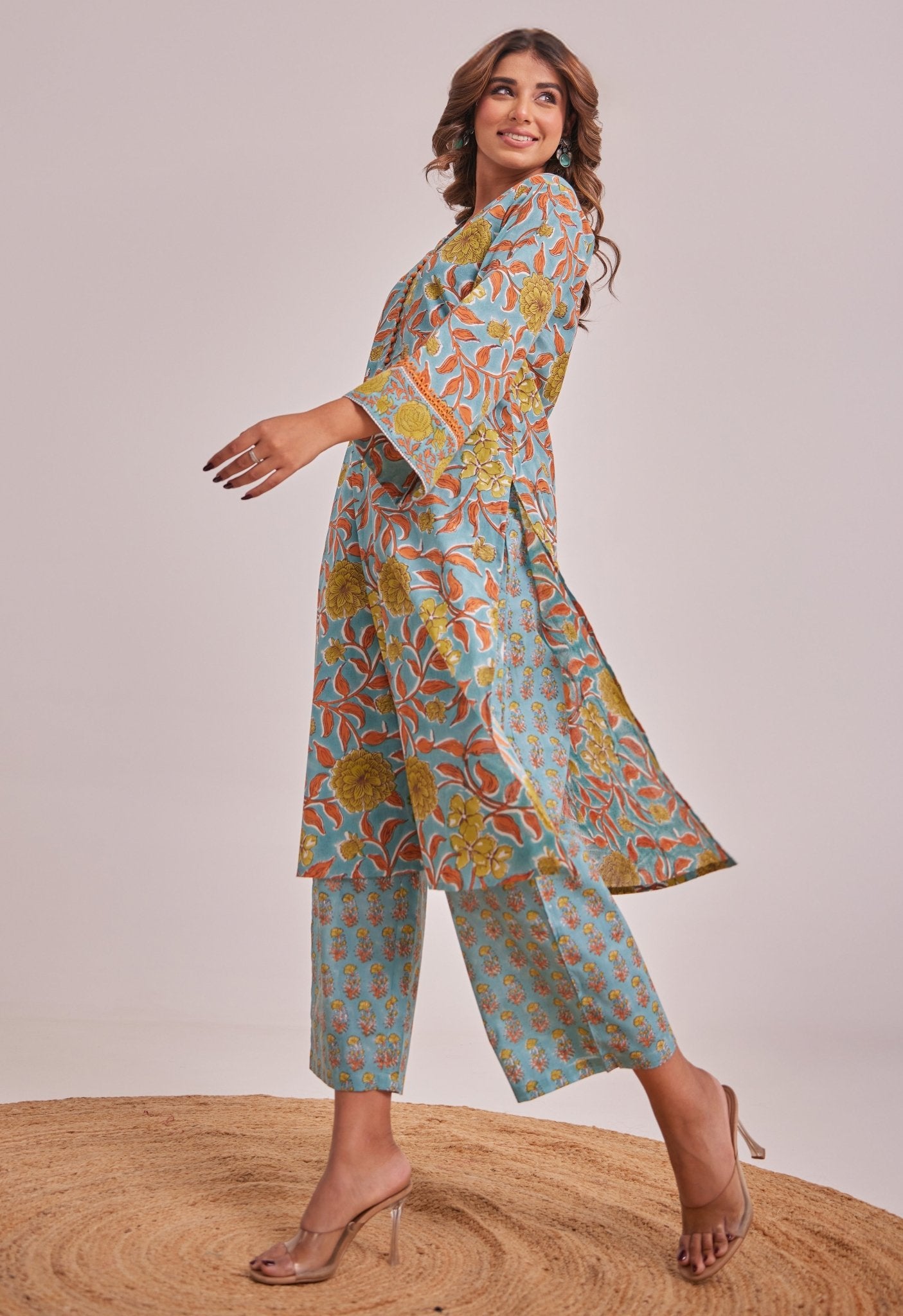 Blue Floral Hand Block Printed Coord Set - Tara - C - Tara