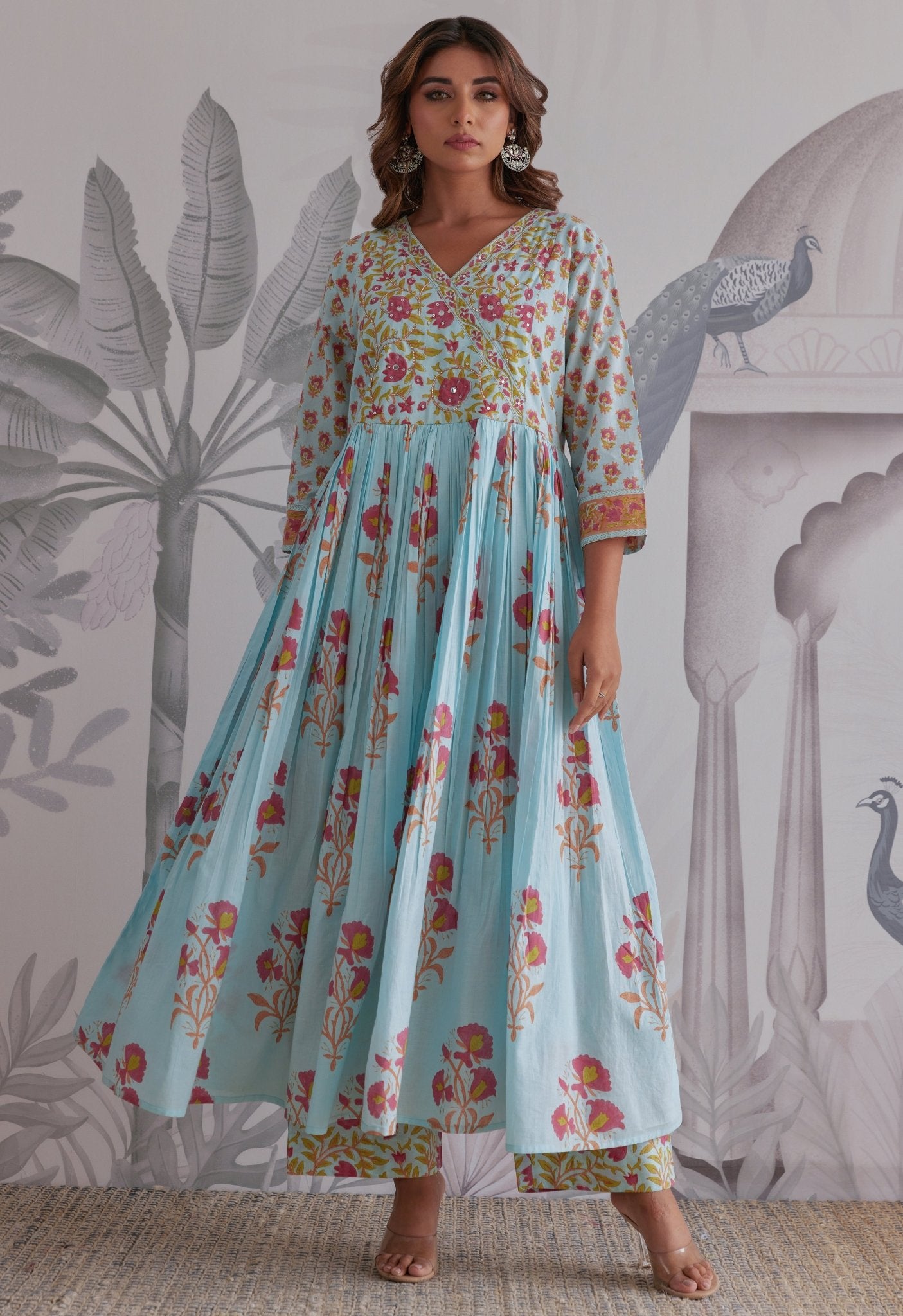 Blue Floral Printed Anarkali Suit Set - Tara - C - Tara