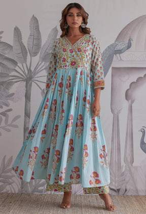 Blue Floral Printed Anarkali Suit Set - Tara - C - Tara
