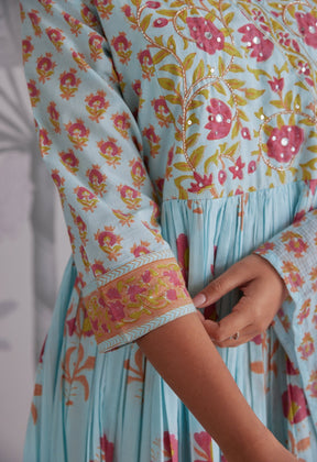 Blue Floral Printed Anarkali Suit Set - Tara - C - Tara