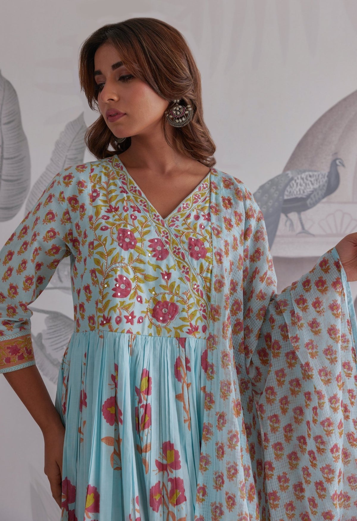 Blue Floral Printed Anarkali Suit Set - Tara - C - Tara