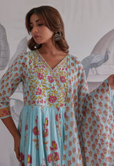 Blue Floral Printed Anarkali Suit Set - Tara - C - Tara
