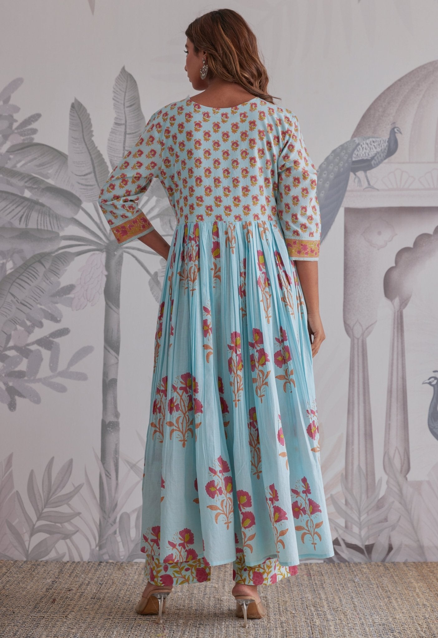 Blue Floral Printed Anarkali Suit Set - Tara - C - Tara