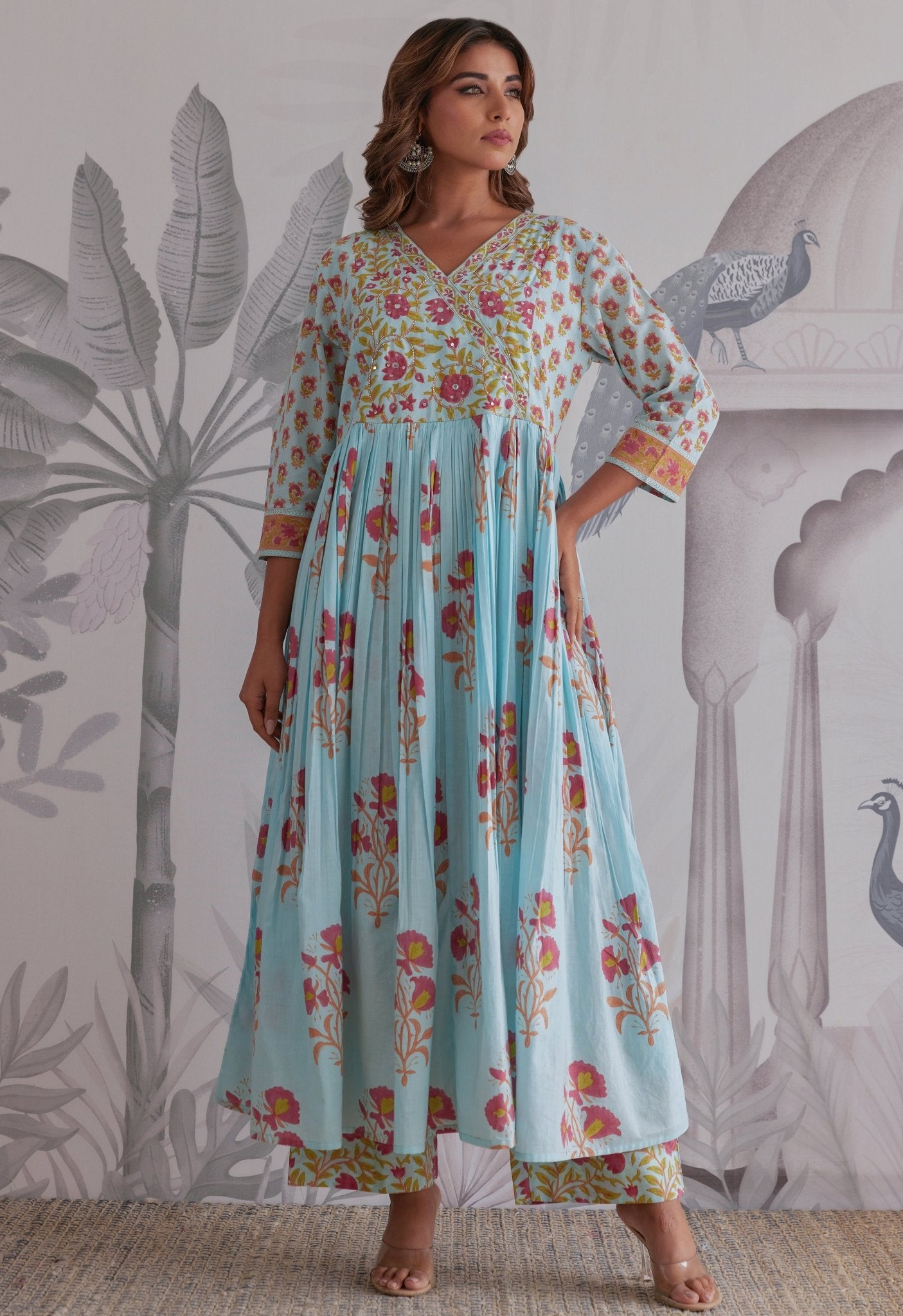 Blue Floral Printed Anarkali Suit Set - Tara - C - Tara