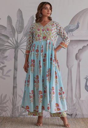 Blue Floral Printed Anarkali Suit Set - Tara - C - Tara