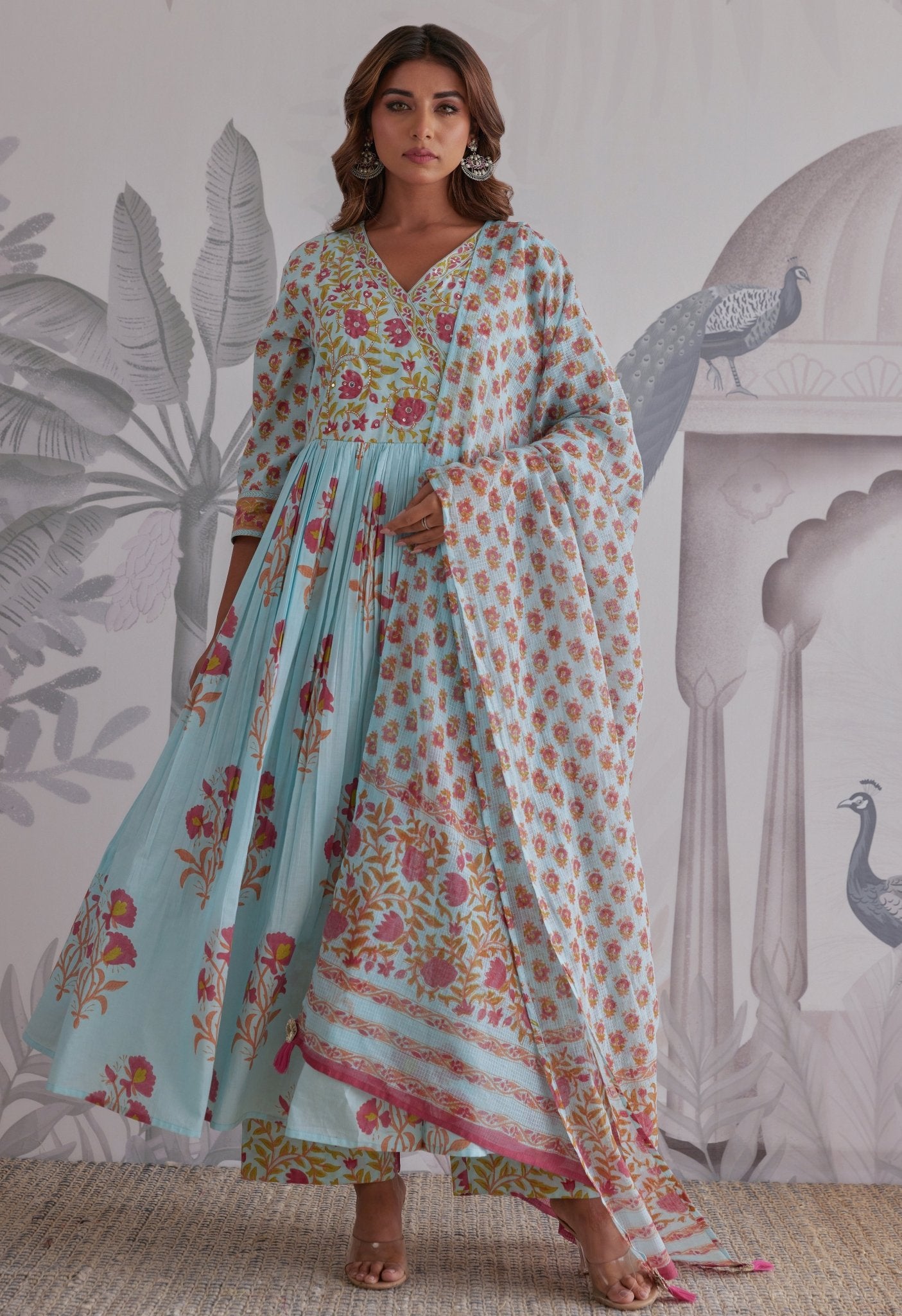 Blue Floral Printed Anarkali Suit Set - Tara - C - Tara