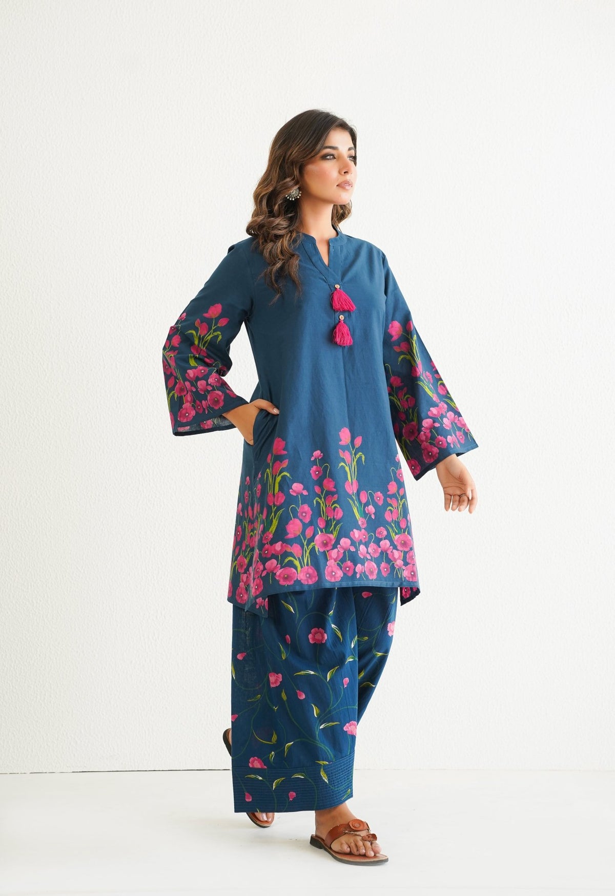 BLUE FLORAL PRINTED CO - ORD SET WITH FARSI SALWAR PANTS - Tara - C - Tara