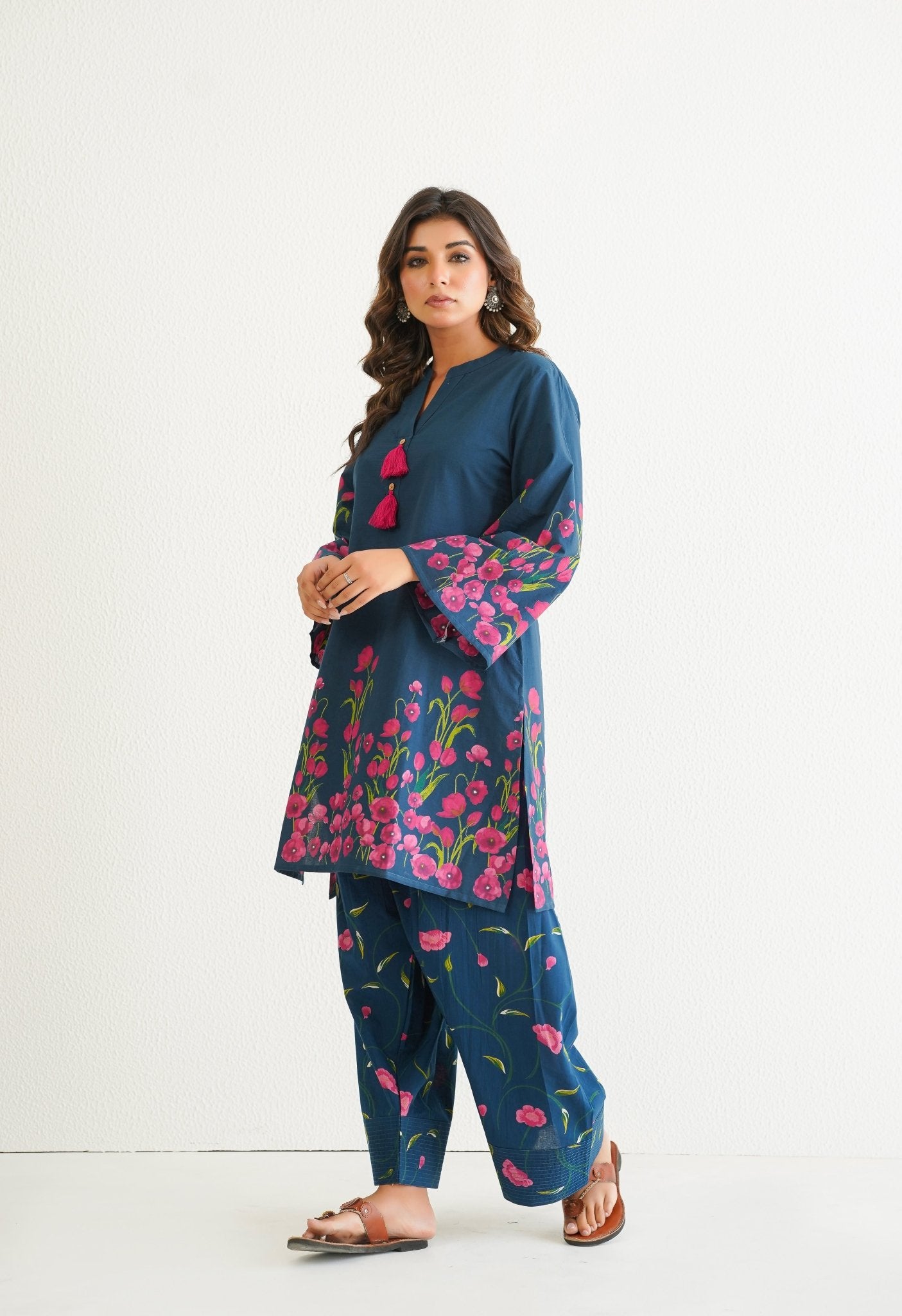 BLUE FLORAL PRINTED CO - ORD SET WITH FARSI SALWAR PANTS - Tara - C - Tara