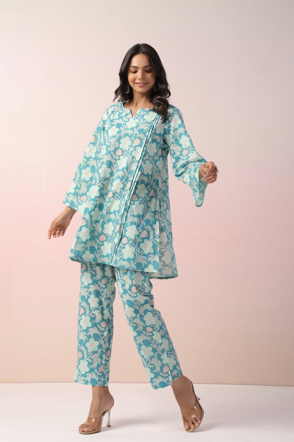 BLUE FLORAL PRINTED COTTON COORD SET - Tara - C - Tara