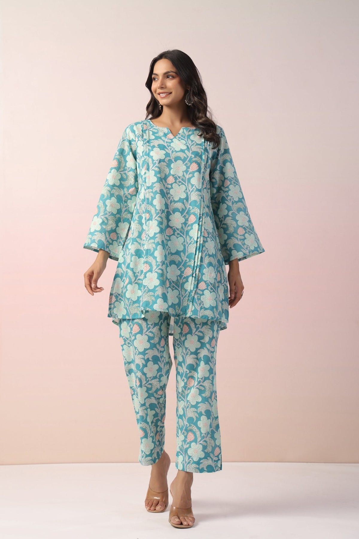 BLUE FLORAL PRINTED COTTON COORD SET - Tara - C - Tara