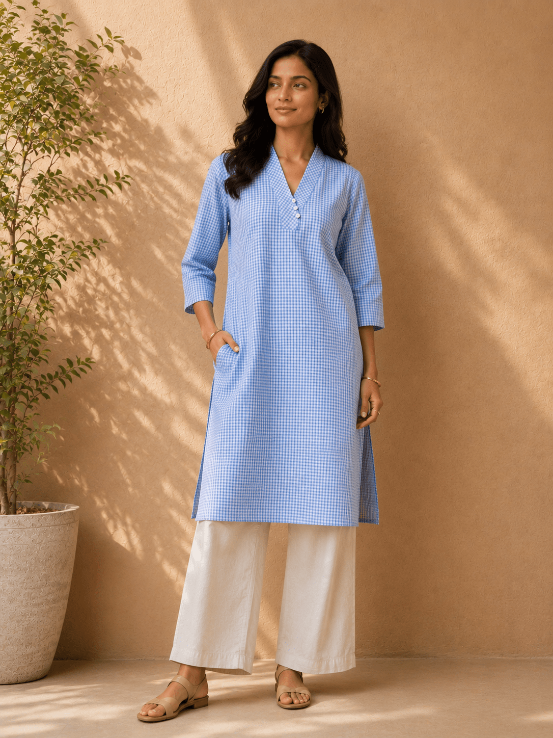 Blue Gingham Check Cotton Kurta - Tara-C-Tara