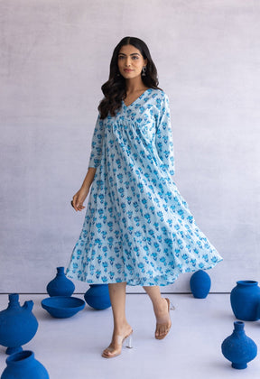 BLUE HAND BLOCK PRINTED FLORAL DRESS - Tara - C - Tara