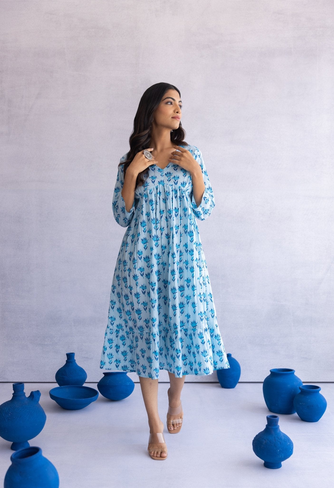 BLUE HAND BLOCK PRINTED FLORAL DRESS - Tara - C - Tara