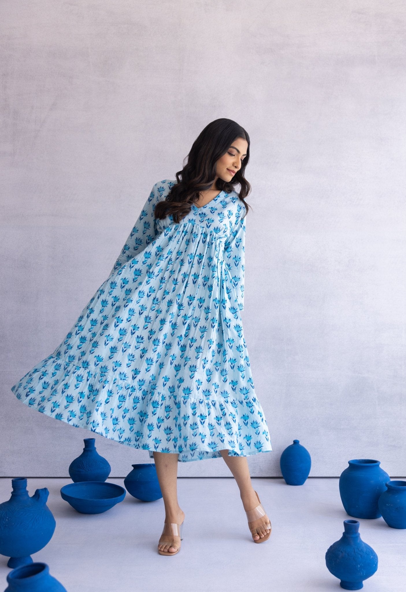 BLUE HAND BLOCK PRINTED FLORAL DRESS - Tara - C - Tara