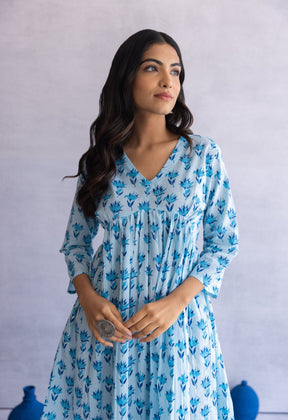BLUE HAND BLOCK PRINTED FLORAL DRESS - Tara - C - Tara
