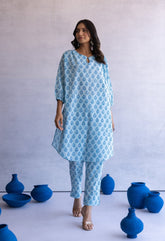 BLUE HAND BLOCK PRINTED PAN BUTI COORD SET - Tara - C - Tara