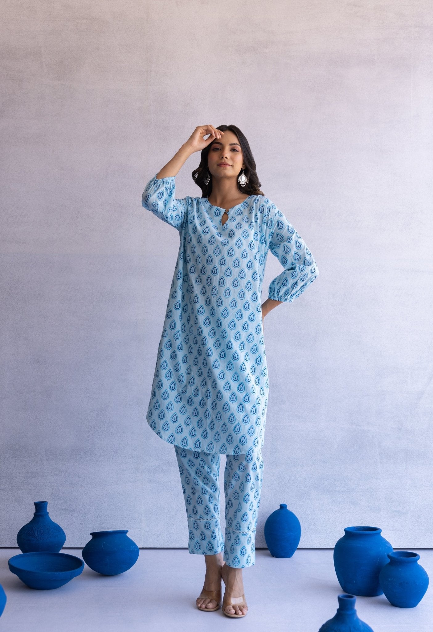 BLUE HAND BLOCK PRINTED PAN BUTI COORD SET - Tara - C - Tara