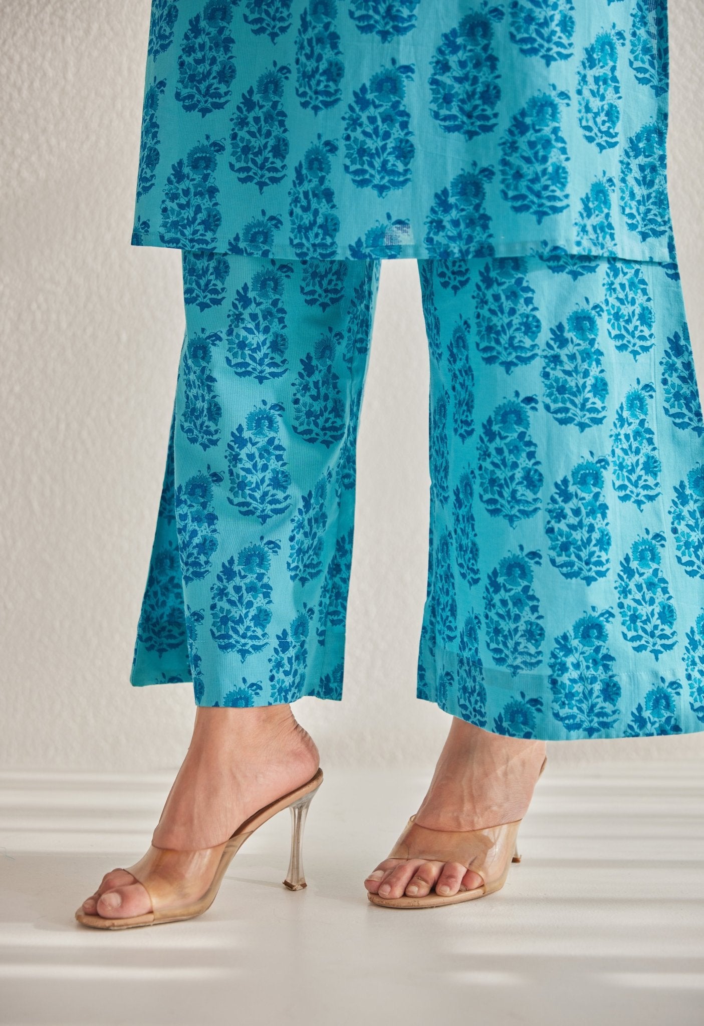 Blue Off Sleeves floral Buta Hand Block Printed Coord Set - Tara - C - Tara