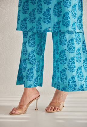 Blue Off Sleeves floral Buta Hand Block Printed Coord Set - Tara - C - Tara