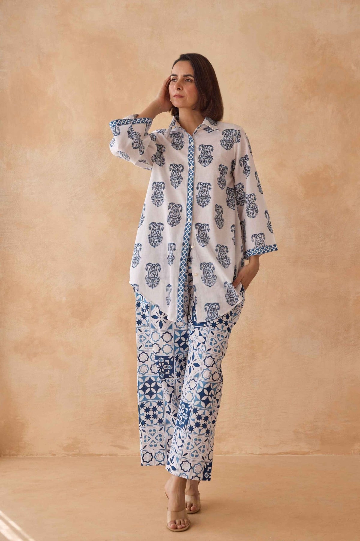 Blue Paisley & Tile Printed Cotton Co - ord Set - Tara - C - Tara