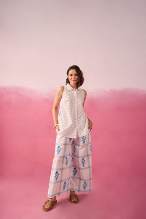 Blue Polka Dot & Floral Check Sleeveless Hand Block Printed Co-ord Set - Tara-C-Tara