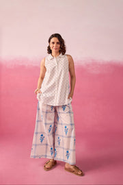 Blue Polka Dot & Floral Check Sleeveless Hand Block Printed Co-ord Set