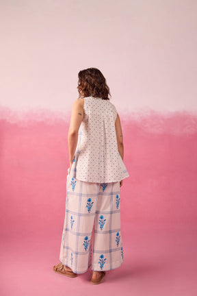 Blue Polka Dot & Floral Check Sleeveless Hand Block Printed Co-ord Set - Tara-C-Tara