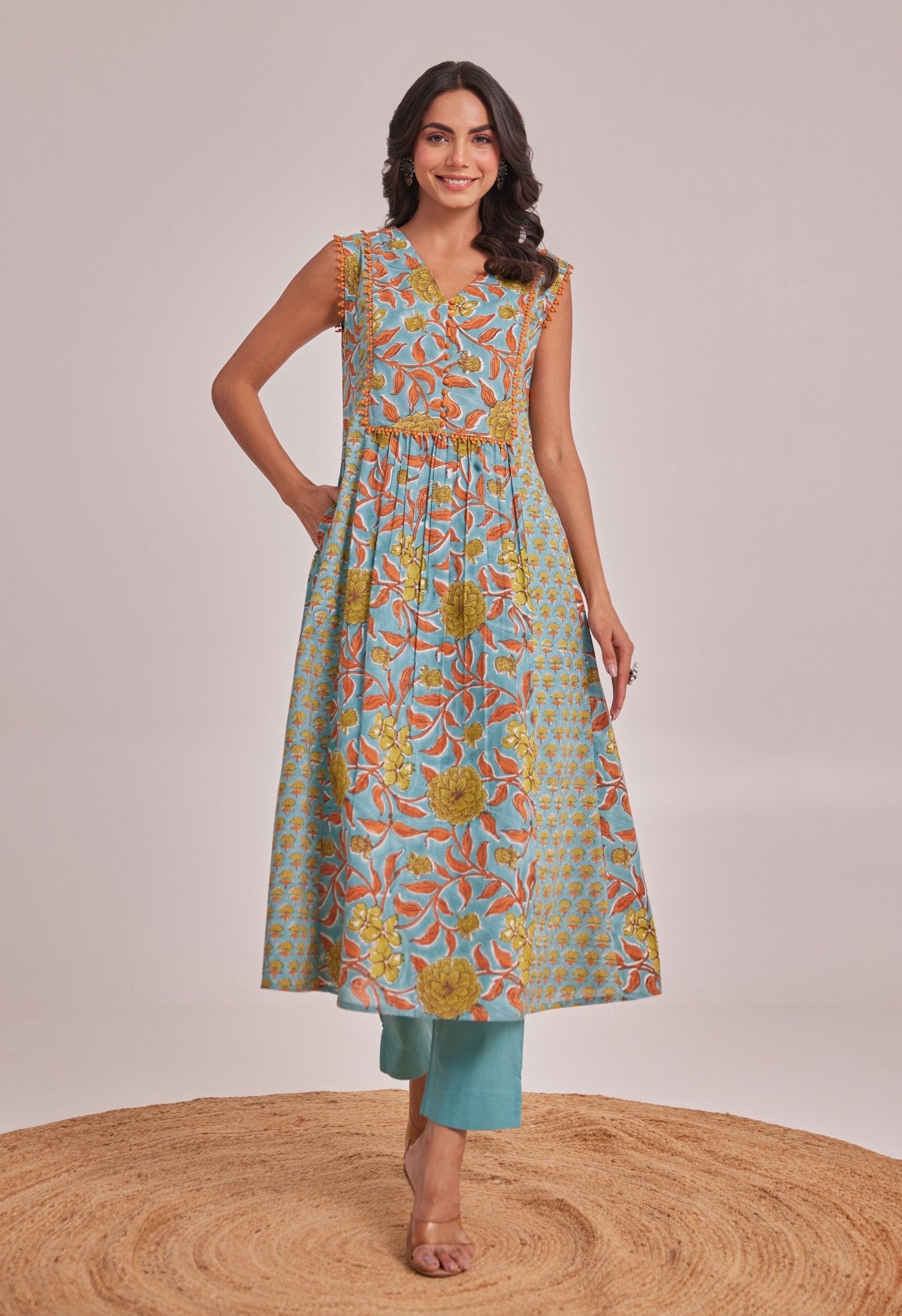 Blue Sleeveless Hand Block Printed Coord Set - Tara - C - Tara