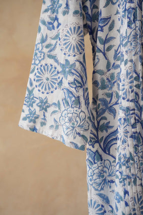 Blue & White Floral Hand Block Print Pintuck Kurta - Tara - C - Tara