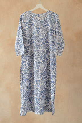 Blue & White Floral Hand Block Print Pintuck Kurta - Tara - C - Tara