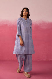 Blue & White Stripe Hand Block Printed Cotton Co-ord Set
