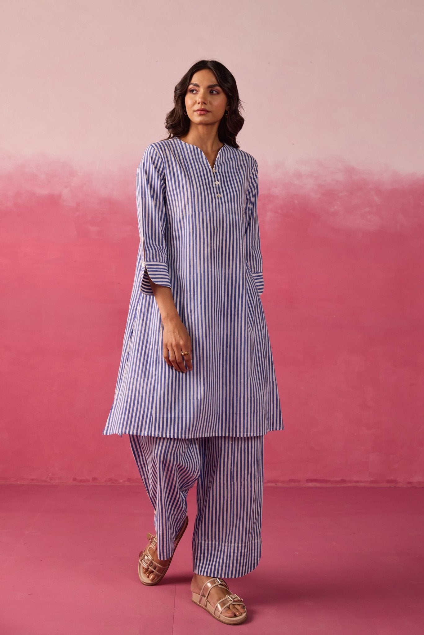 Blue & White Stripe Hand Block Printed Cotton Co-ord Set - Tara-C-Tara