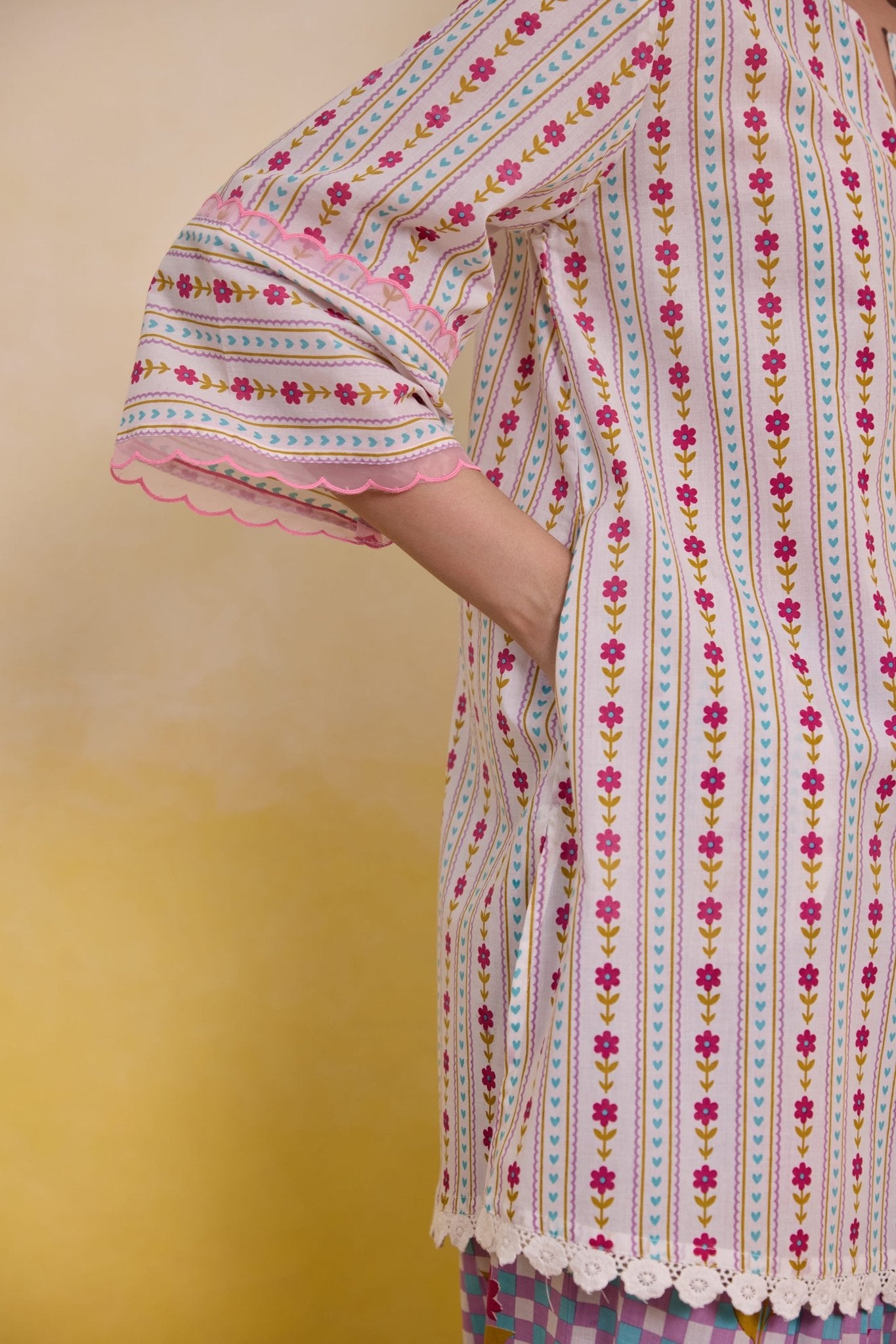 Blush Pink Botanical Stripe Scalloped Co - ord Set - Tara - C - Tara