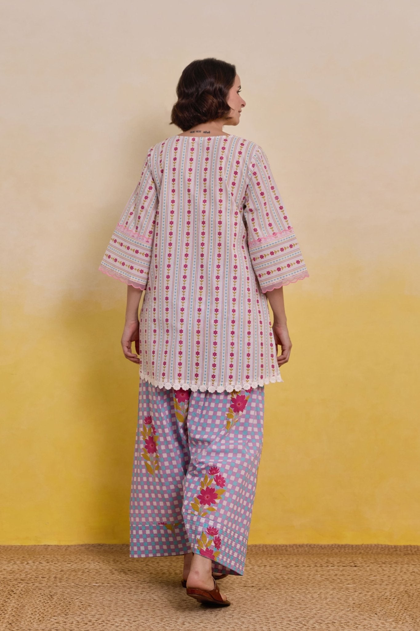 Blush Pink Botanical Stripe Scalloped Co - ord Set - Tara - C - Tara