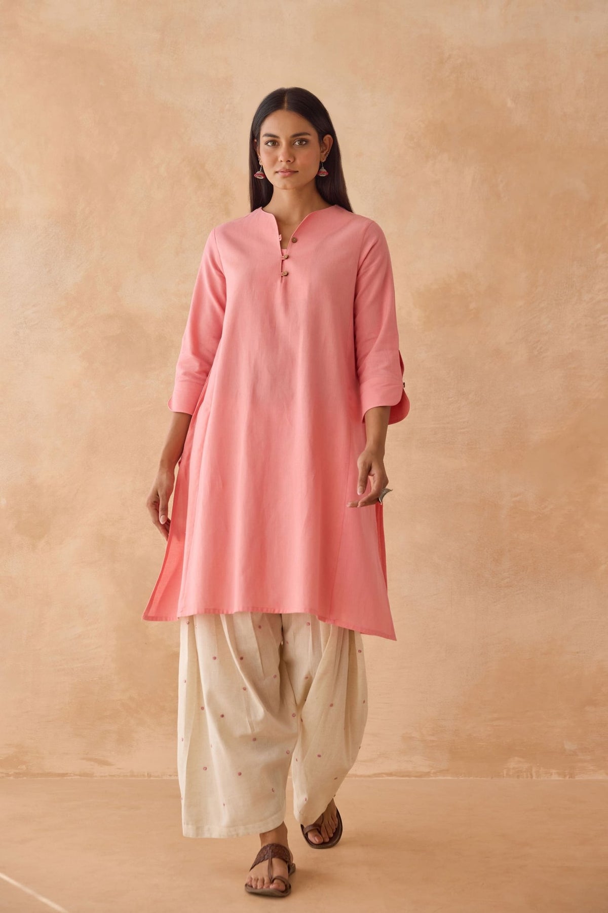 Blush Pink Cotton Kurta with Embroidered Salwar Co - ord Set - Tara - C - Tara