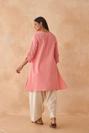 Blush Pink Cotton Kurta with Embroidered Salwar Co - ord Set - Tara - C - Tara