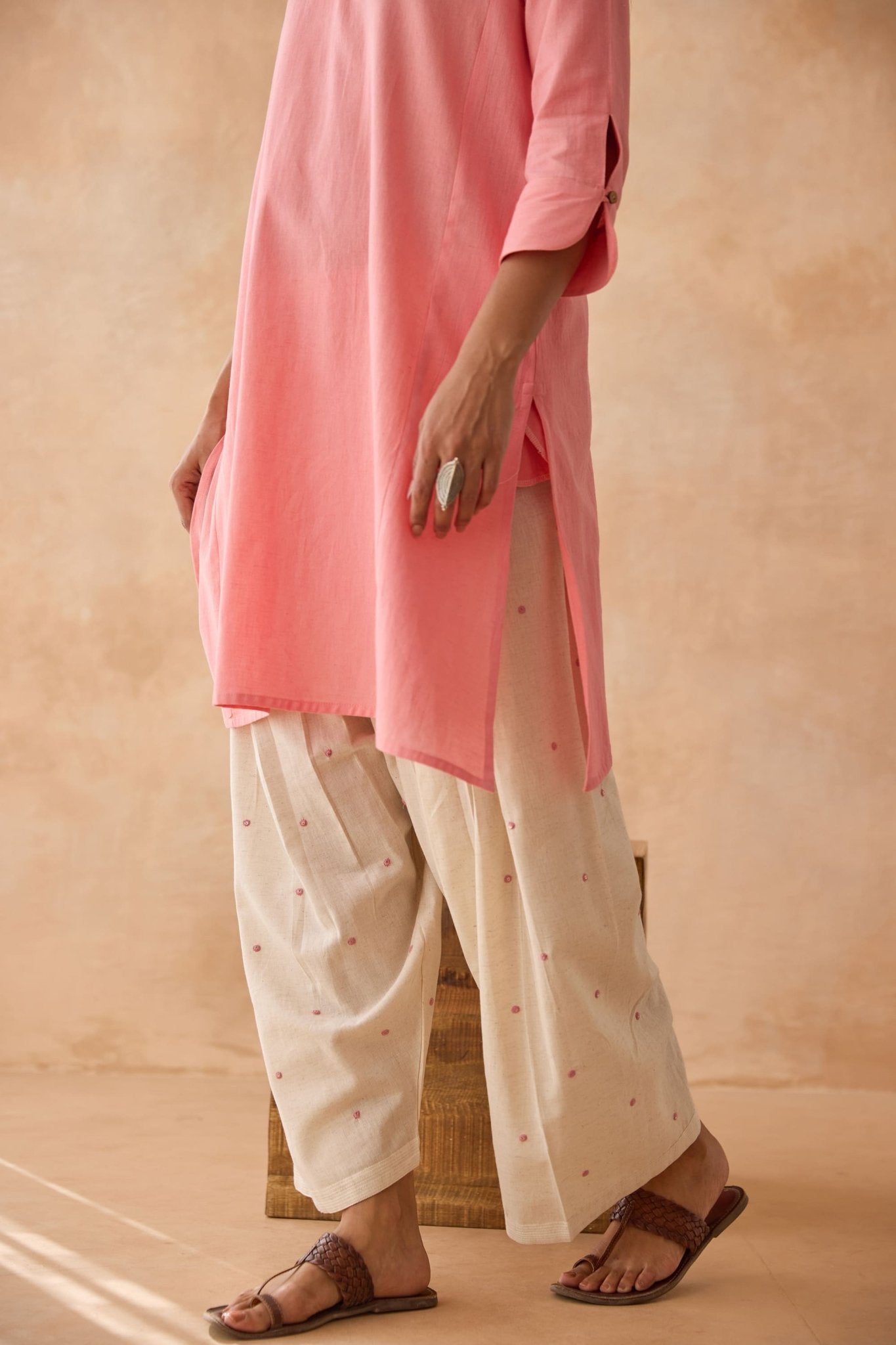 Blush Pink Cotton Kurta with Embroidered Salwar Co - ord Set - Tara - C - Tara