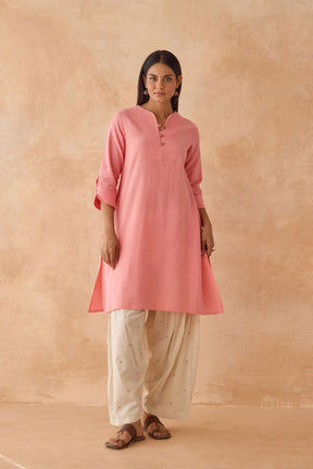 Blush Pink Cotton Kurta with Embroidered Salwar Co - ord Set - Tara - C - Tara