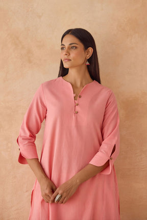 Blush Pink Cotton Kurta with Embroidered Salwar Co - ord Set - Tara - C - Tara