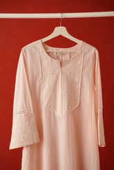 Blush Pink Embroidered Long Cotton Kurta - Tara - C - Tara