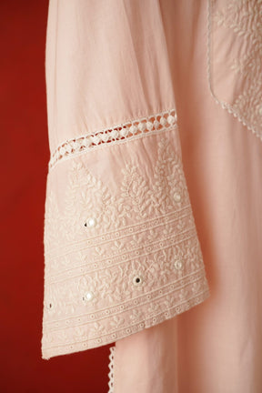 Blush Pink Embroidered Long Cotton Kurta - Tara - C - Tara
