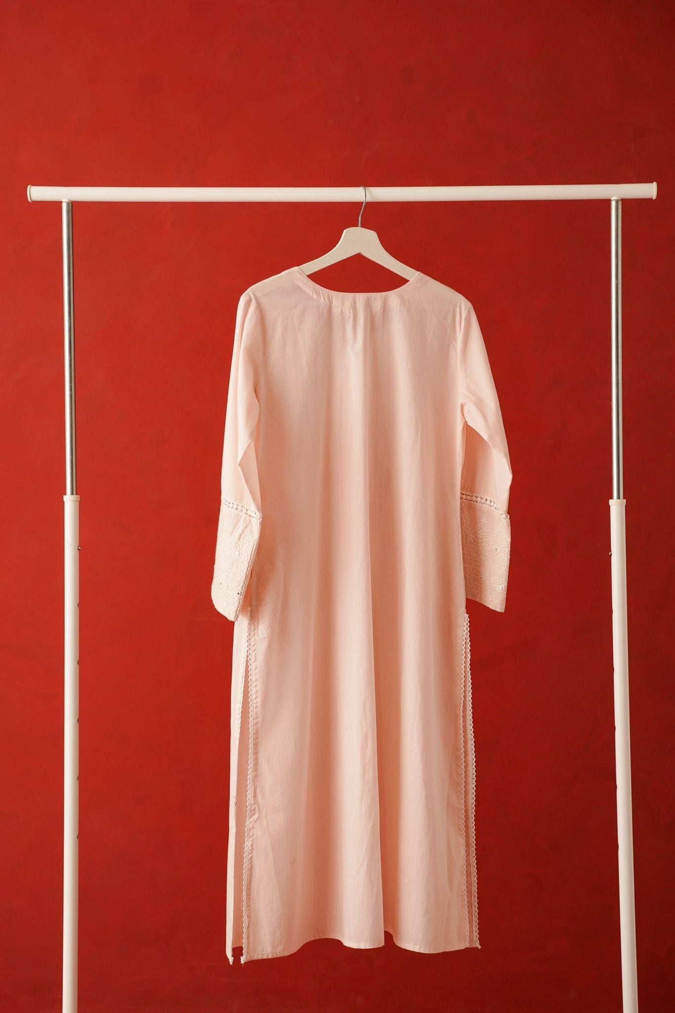 Blush Pink Embroidered Long Cotton Kurta - Tara - C - Tara