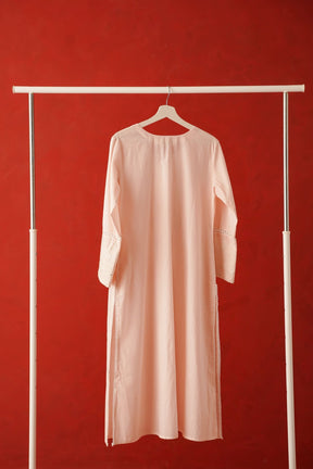 Blush Pink Embroidered Long Cotton Kurta - Tara - C - Tara