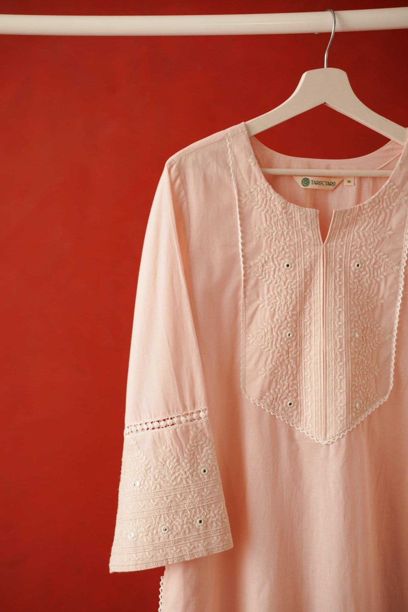 Blush Pink Embroidered Long Cotton Kurta - Tara - C - Tara
